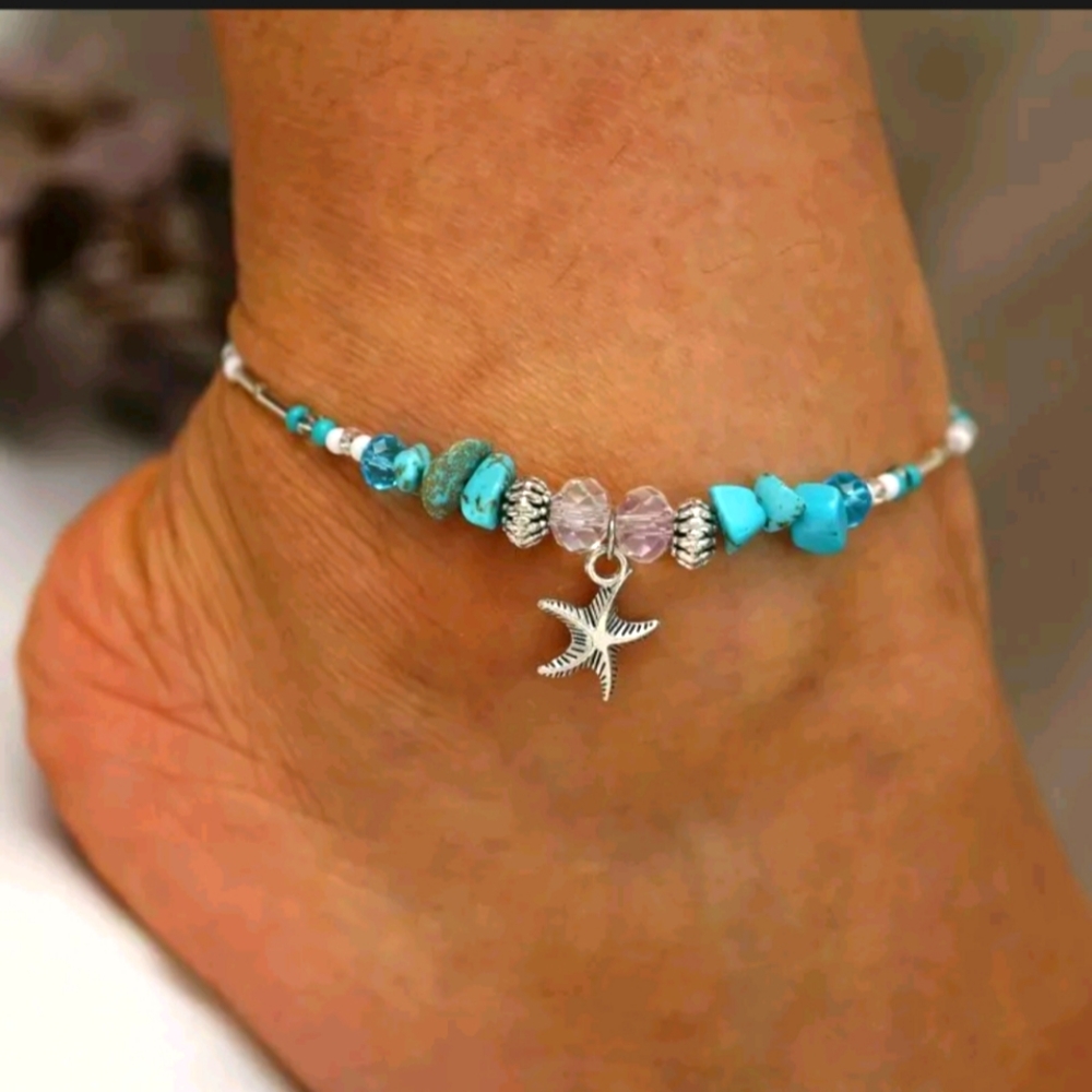 🆕 Starfish & Silver & Turquoise Adjustable Ankle Bracelet